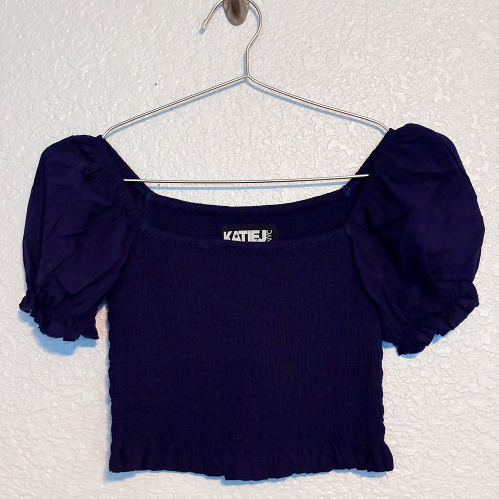 Katie J NYC Navy Puff Sleeve Crop Top Blouse Girl Large 12